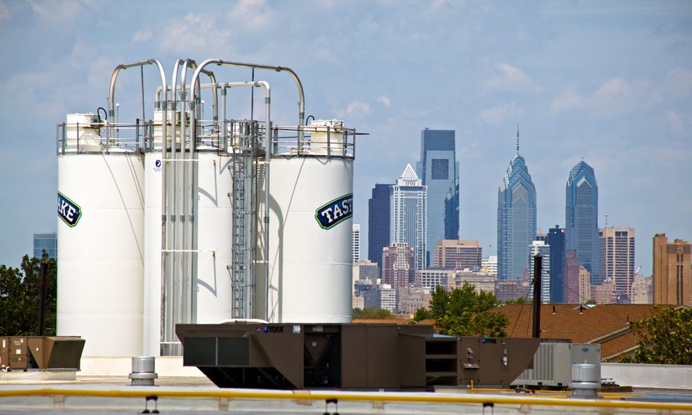 Tastykake Silos with Philadelphia City Skyline in Background
