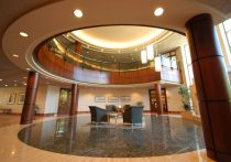 Chesterbrook Corporate Center side view of two story lobby with seating area