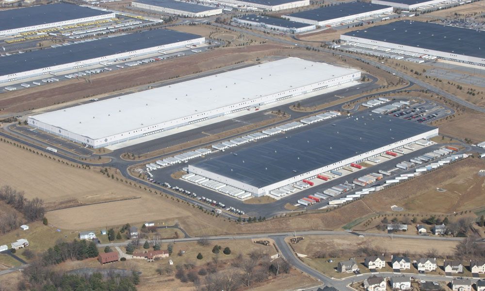 Wide shot aerial view of Boulder Business Center Warehouse park