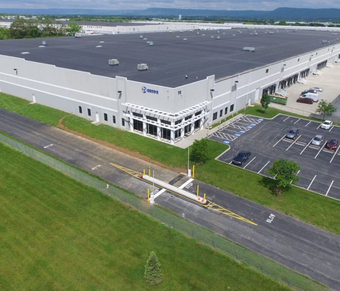 Exterior aerial view of Geodis industrial warehouse