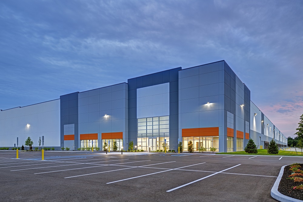 warehouse entrance lit in evening closeup