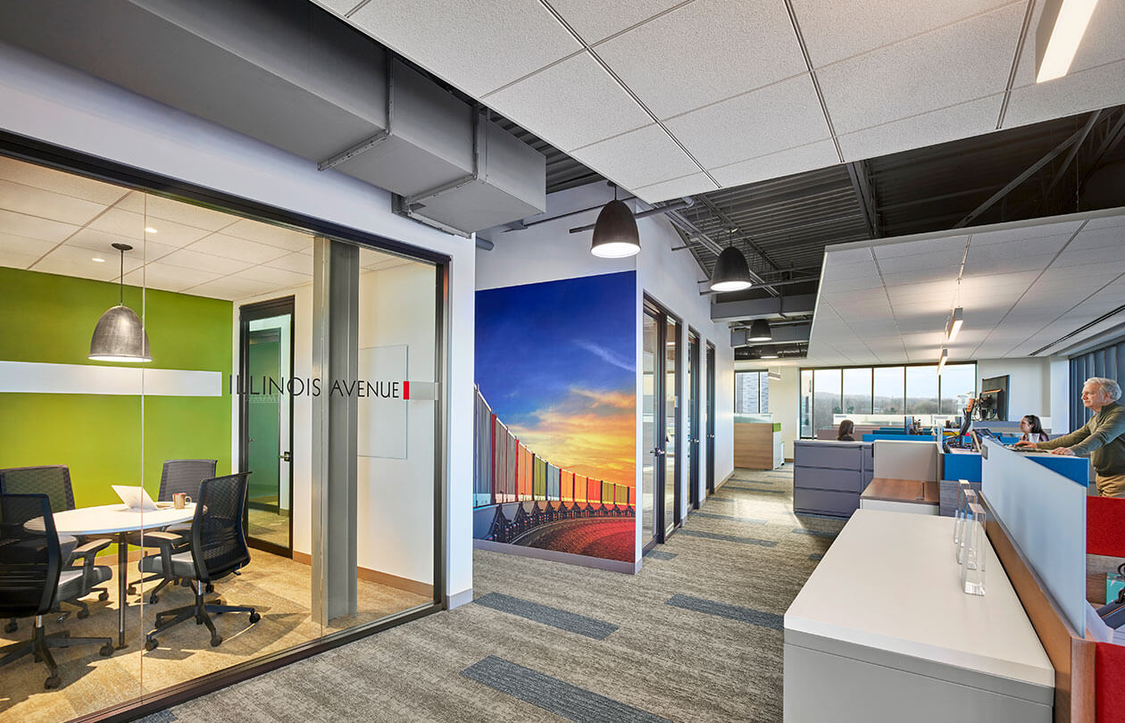 interior office rendering with hallway, conference room and desks