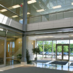 main lobby area of office building with large windows