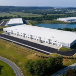 view of three warehouses in a complex from an aerial position