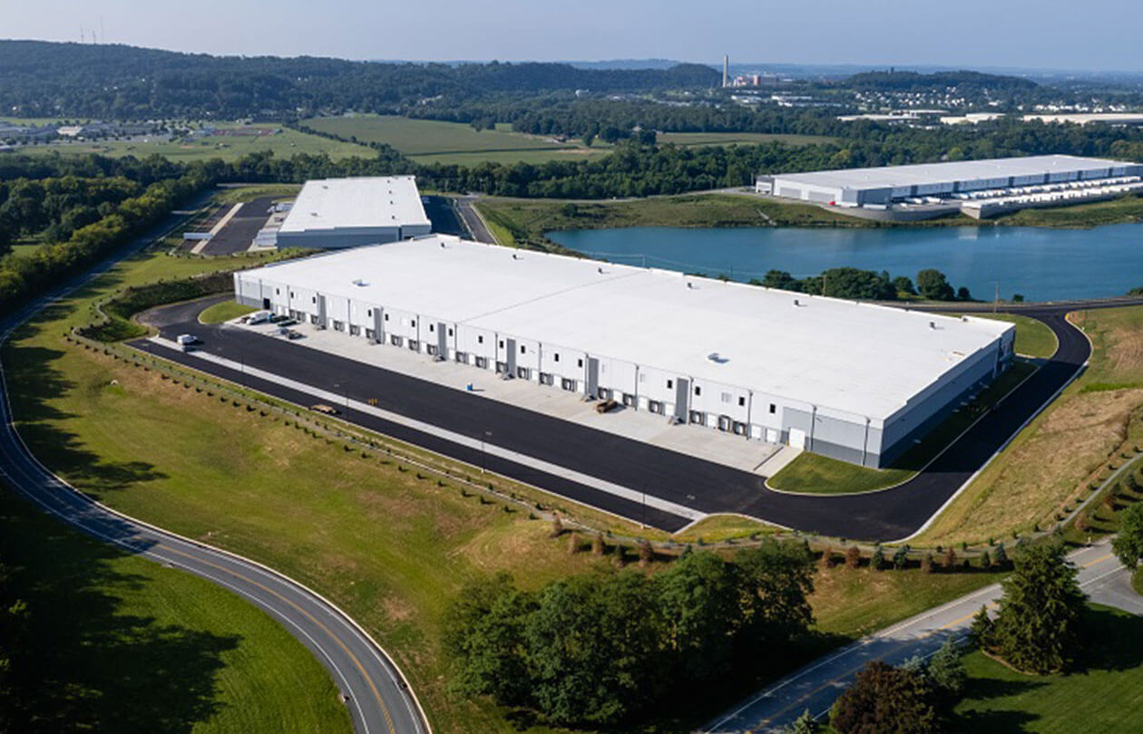 view of three warehouses in a complex from an aerial position