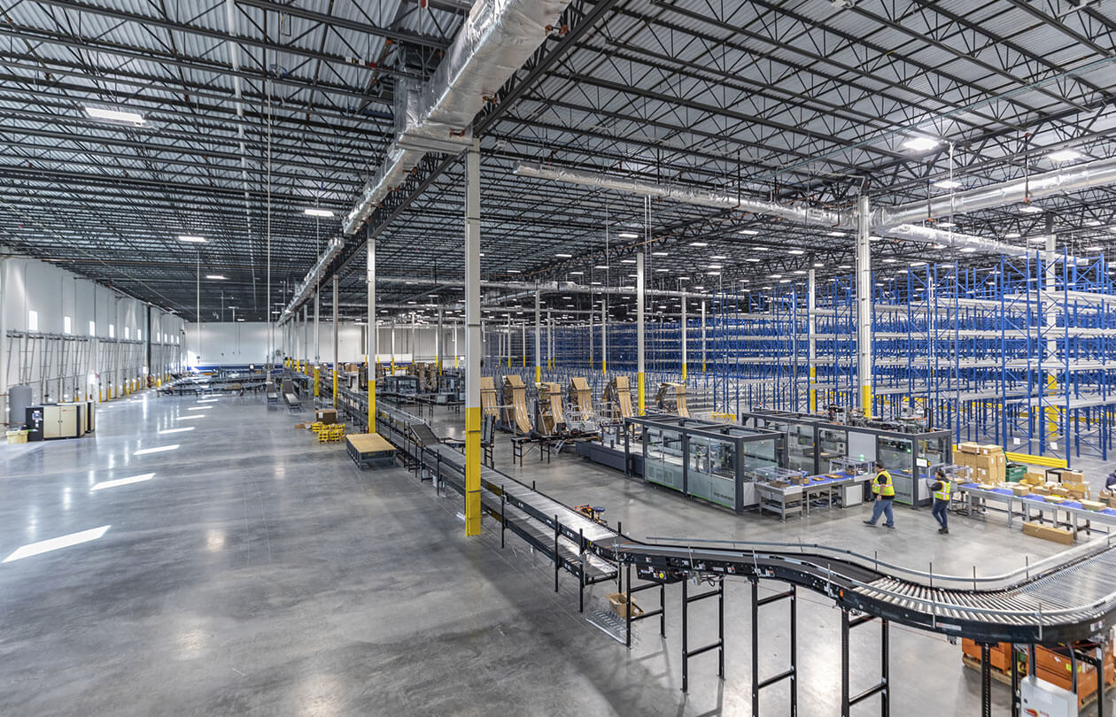 interior view of conveyor system in a warehouse facility