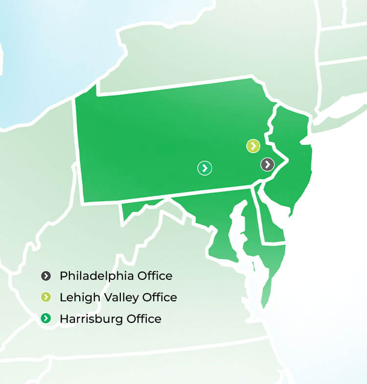 where we work map of PA, MD, DE, NJ