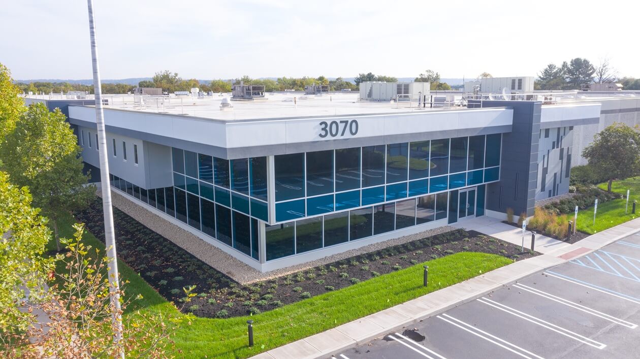 front entrance of office building with windows angled view