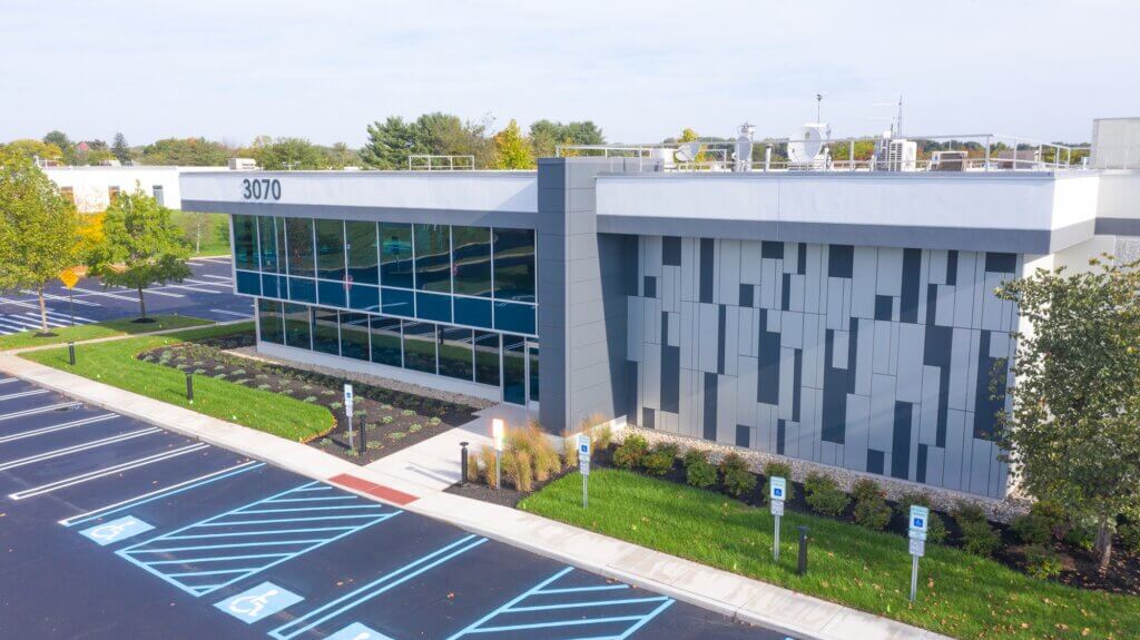 Exterior Office Building View with feature wall blue and white