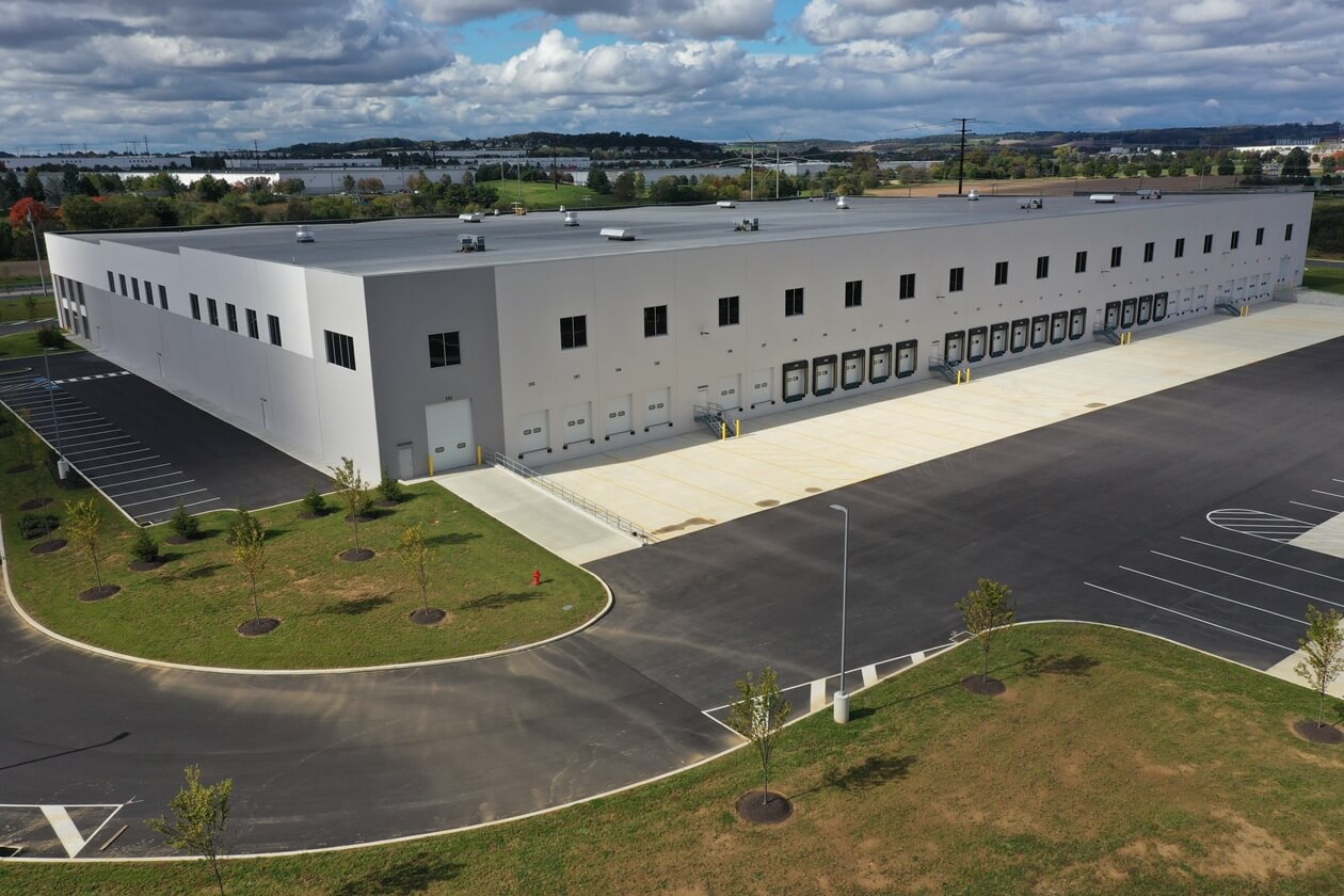 aerial shot of back of warehouse with loading docks