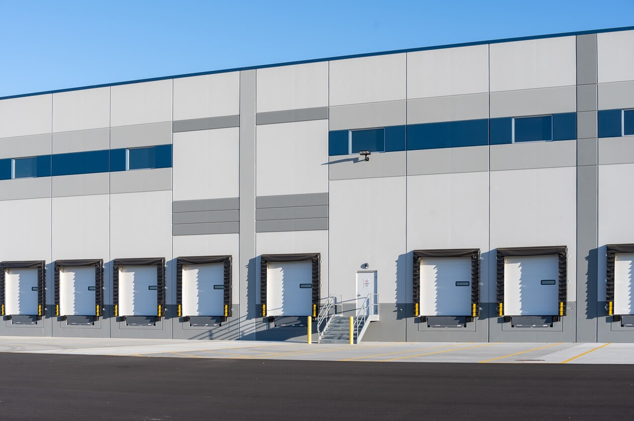 exterior warehouse dock doors closeup